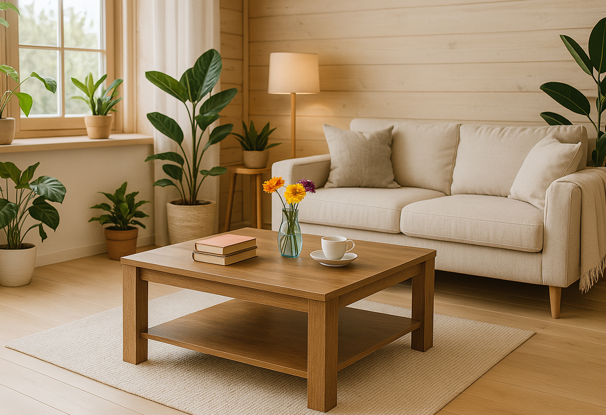 Απεικονίζονται το τραπέζι Delos στη μέση ενός σαλονιού.